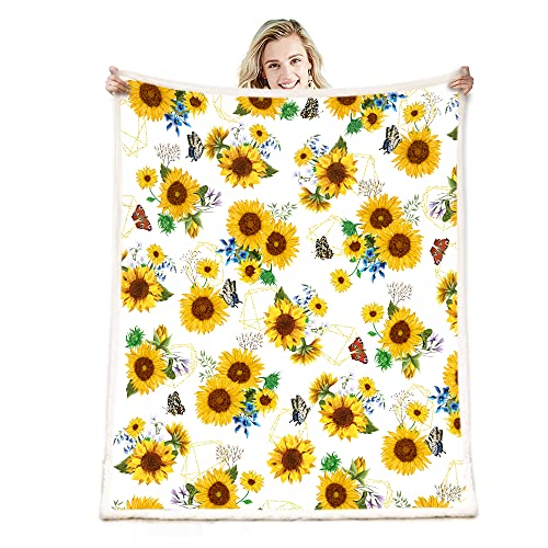 Sunflower Blanket Sunflower Gifts for Women Throw Blanket,Sunflower Gifts Bedding Decor White Throw Blanket,Sunflower Stuff Decorations Warm Soft Sherpa Thick Blanket for Bed Sofa Office