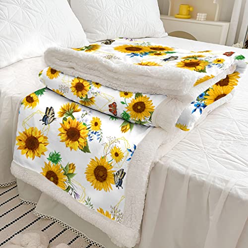 Sunflower Blanket Sunflower Gifts for Women Throw Blanket,Sunflower Gifts Bedding Decor White Throw Blanket,Sunflower Stuff Decorations Warm Soft Sherpa Thick Blanket for Bed Sofa Office