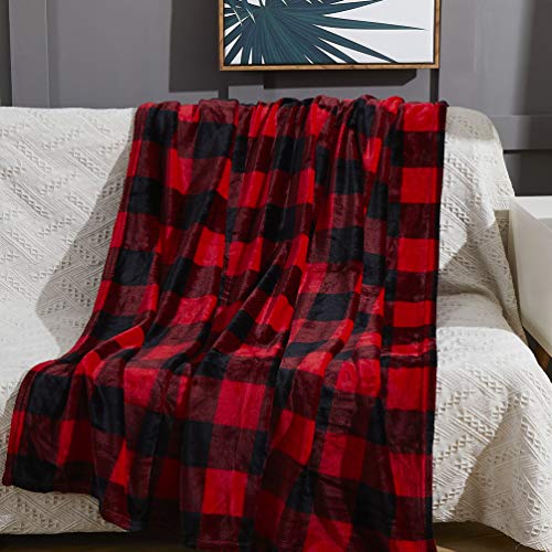 Red Plaid Throw Blanket, Black Checkered Throw Blanket 60×80 Inches, All Season Microfiber Velvet Super Luxury Lightweight Warm Soft Cozy Blanket for Bed, Couch, Car