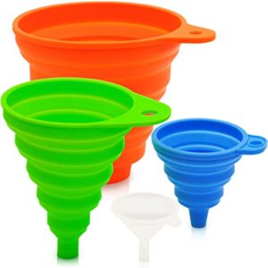 4 different sizes kitchen funnel, funnels for filling bottles, food grade silicone collapsible funnel, premium canning funnel/food funnel, large funnel for wide mouth jar, medium/small/mini funnel set