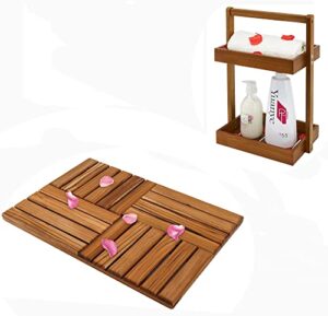 utoplike teak wood bath mat, wooden shower mat for bathroom 24 x 16 inch non slip and shower caddy corner, 2 tier bathroom organizer countertop set