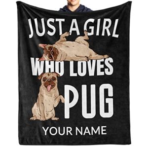 personalized pug blanket with name text, soft fleece flannel pug throw blanket, pug lovers gifts fuzzy cozy warm lightweight for bed couch living room (50"x60")