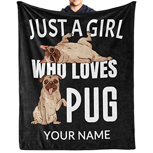 Personalized Pug Blanket with Name Text, Soft Fleece Flannel Pug Throw Blanket, Pug Lovers Gifts Fuzzy Cozy Warm Lightweight for Bed Couch Living Room (50"x60")