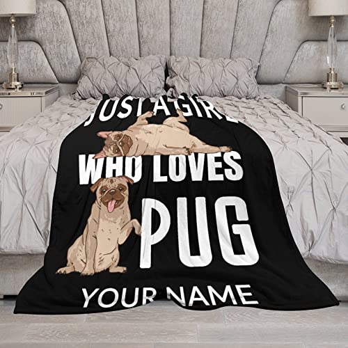 Personalized Pug Blanket with Name Text, Soft Fleece Flannel Pug Throw Blanket, Pug Lovers Gifts Fuzzy Cozy Warm Lightweight for Bed Couch Living Room (50"x60")