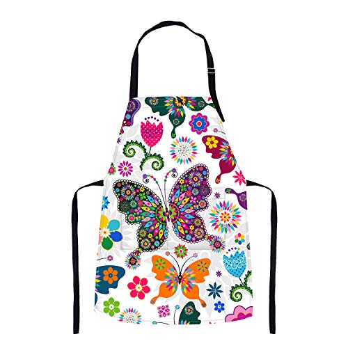 Britimes Apron Home Kitchen Cooking Baking Gardening for Women Men With Pockets Floral Colorful Butterflies Flowers Romantic 32x28 inch