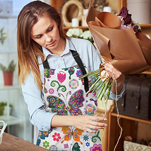 Britimes Apron Home Kitchen Cooking Baking Gardening for Women Men With Pockets Floral Colorful Butterflies Flowers Romantic 32x28 inch