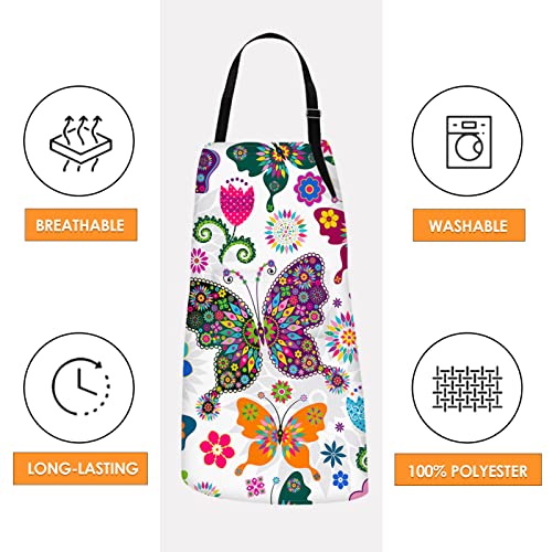 Britimes Apron Home Kitchen Cooking Baking Gardening for Women Men With Pockets Floral Colorful Butterflies Flowers Romantic 32x28 inch