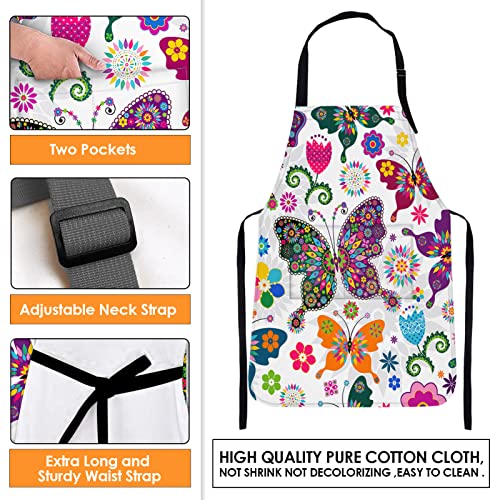 Britimes Apron Home Kitchen Cooking Baking Gardening for Women Men With Pockets Floral Colorful Butterflies Flowers Romantic 32x28 inch