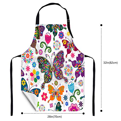 Britimes Apron Home Kitchen Cooking Baking Gardening for Women Men With Pockets Floral Colorful Butterflies Flowers Romantic 32x28 inch