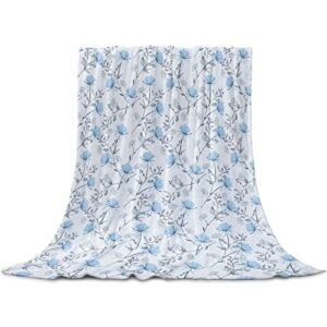 blue flowers throw blankets gifts, soft flannel fleece microfiber blankets, warm bed blanket throws for chair sofa couch bedroom camper 50x80 in rustic floral seasonal summer spring
