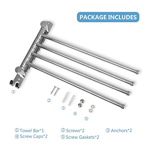 Swivel Bathroom Towel Rack JSVER Towel Rack Wall Mounted, SUS304 Stainless Steel Towel Bar, 4-Arm Space Saving Towel Hanger, Towel Racks for Bathroom, Kitchen