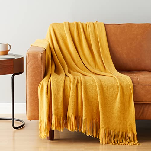 Spotgrowth Twin Throw Blankets for Sofa Warm Acrylic Knit Blanket Durable Lightweight Decorative Blanket Tassel Bed Blanket for All Season Machine Washable 50 x 60 Inches,Gold (SP210713)