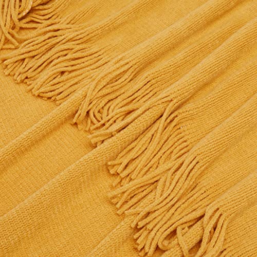 Spotgrowth Twin Throw Blankets for Sofa Warm Acrylic Knit Blanket Durable Lightweight Decorative Blanket Tassel Bed Blanket for All Season Machine Washable 50 x 60 Inches,Gold (SP210713)