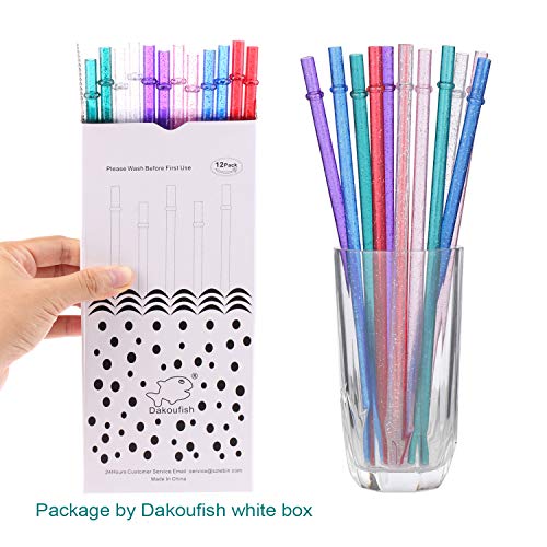 Dakoufish 11 Inch Reusable Tritan Plastic Straws, Replacement Glitter Sparkle Drinking Straws for 24 oz-40 oz Mason Jars/Tumblers,Dishwasher safe,Set of 12 with Cleaning Brush(6color,11inch)