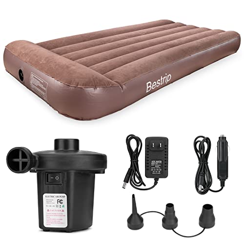 Bestrip Air Mattress Twin Size Inflatable Bed with Electric Air Pump Single Camping Blow Up Mattress, Camping Accessories (Brown)