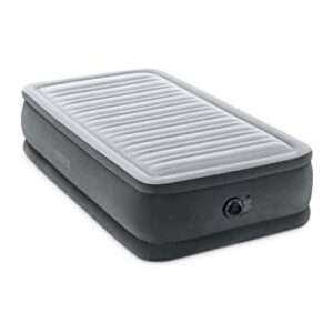 INTEX 64411ED Dura-Beam Deluxe Comfort-Plush Elevated Air Mattress: Fiber-Tech – Twin Size – Built-in Electric Pump – 18in Bed Height – 300lb Weight Capacity