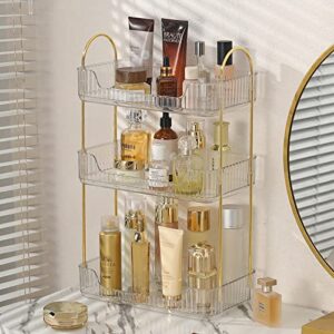 bathroom organizer countertop, vanity organizer trays for bathroom counter, bathroom tray counter organizer, plastic tray stand for perfume, makeup, skincare(clear, 3 tiers)