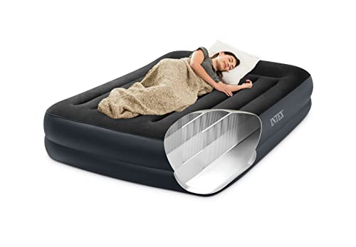 INTEX 64123ED Dura-Beam Plus Pillow Rest Air Mattress: Fiber-Tech – Queen Size – Built-in Electric Pump – 16.5in Bed Height – 600lb Weight Capacity