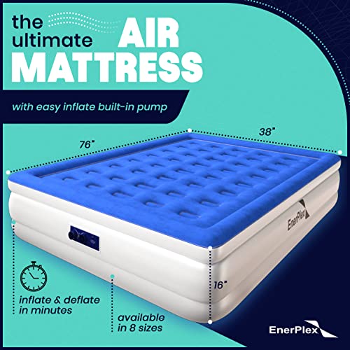 EnerPlex Twin Air Mattress with Built-in Pump - 16 Inch Double Height Inflatable Mattress for Camping, Home & Portable Travel - Durable Blow Up Bed with Dual Pump - Easy to Inflate/Quick Set Up﻿