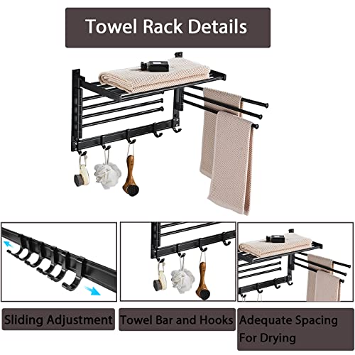 Gtouse Stainless Steel Towel Rack,23 Inch Bathroom Towel Rack with Shelf,Foldable Towel Shelf with Movable Hooks Rustproof Towel Storage Wall Mount for Bathroom Lavatory Matte Black