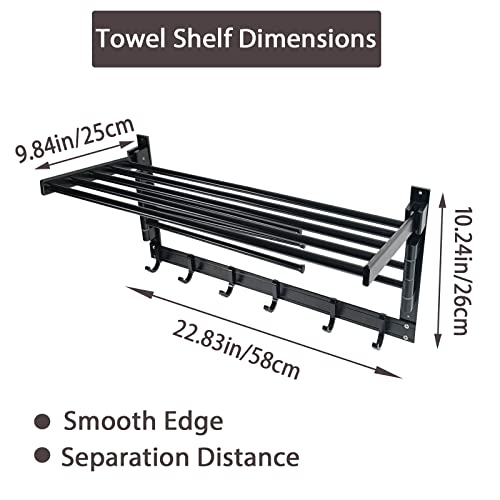 Gtouse Stainless Steel Towel Rack,23 Inch Bathroom Towel Rack with Shelf,Foldable Towel Shelf with Movable Hooks Rustproof Towel Storage Wall Mount for Bathroom Lavatory Matte Black