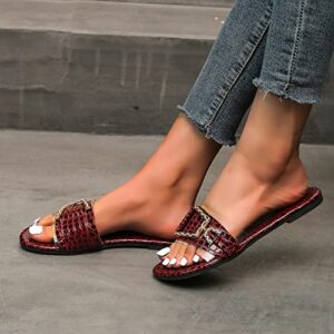 S Slippers for Women Size 7 Summer New Large Women's Shoes for Foreign Trade Casual Snakeskin PU Surface Rhinestone Buckle Low Heel Sandals (Red, 8)