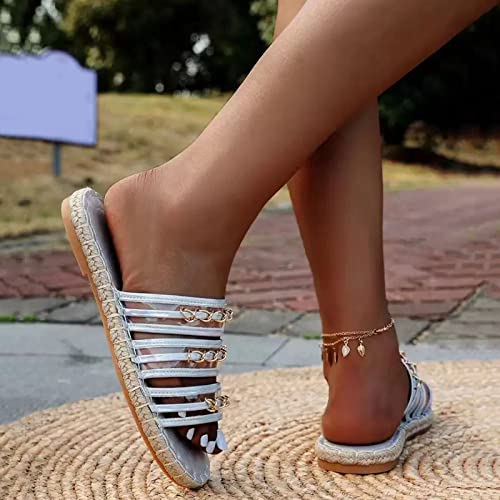 Coerni Ladies Fashion Transparent PVC Metal Chain Decorative Round Top Thick Bottom Straw Sandals Yeah Slippers Women (Silver, 6.5)