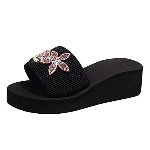 Coerni Nine Slippers Women Spring 2023 New European and American Fashion Rhinestone Butterfly Thick Bottom Large Wedge Heel Slippers (Black, 9)