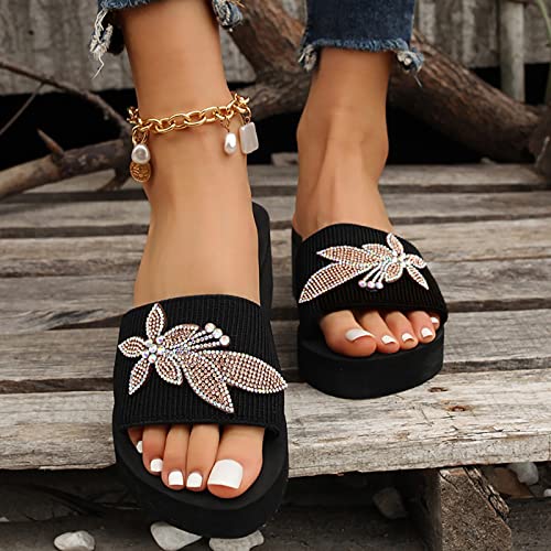 Coerni Nine Slippers Women Spring 2023 New European and American Fashion Rhinestone Butterfly Thick Bottom Large Wedge Heel Slippers (Black, 9)