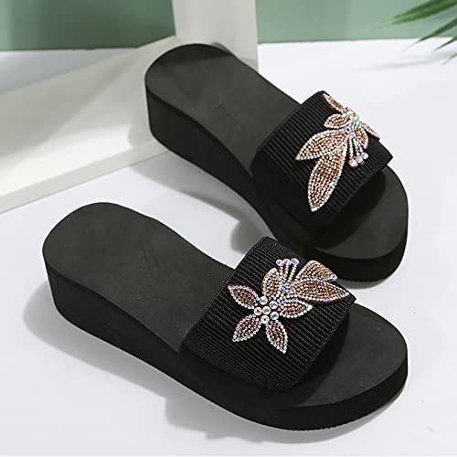 Coerni Nine Slippers Women Spring 2023 New European and American Fashion Rhinestone Butterfly Thick Bottom Large Wedge Heel Slippers (Black, 9)