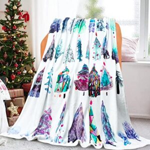 estmy watercolor christmas tree throw blanket 51x63, 280gsm soft warm flannel modern vibrant green colorful winter holliday xmas themed throw blanket for couch bed living room bedroom christmas decor