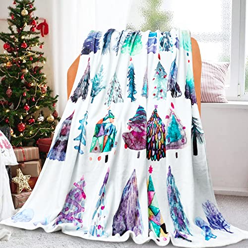 Estmy Watercolor Christmas Tree Throw Blanket 51x63, 280GSM Soft Warm Flannel Modern Vibrant Green Colorful Winter Holliday Xmas Themed Throw Blanket for Couch Bed Living Room Bedroom Christmas Decor