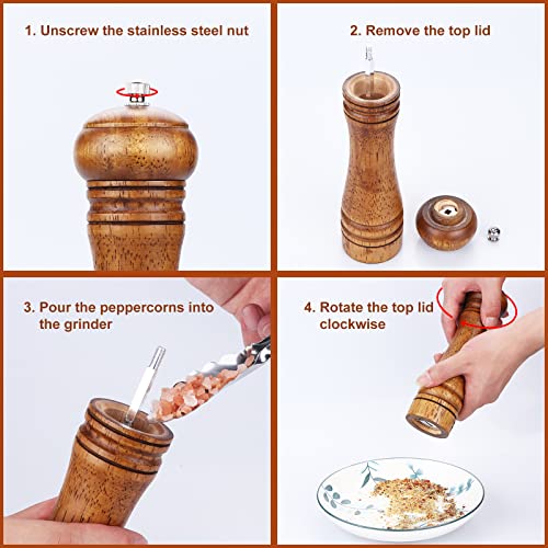 Wood Pepper Grinder Pepper Mill,Adjustable Coarseness Wooden Peppermill, Ceramic Grinding Mechanism Salt Mill Refillable - 8inch (1 Pack)