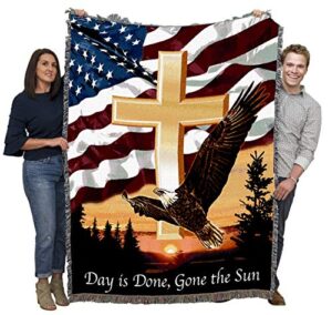 pure country weavers day is done gone the sun blanket cross eagle flag - sympathy bereavement gift tapestry throw woven from cotton - made in the usa (72x54)