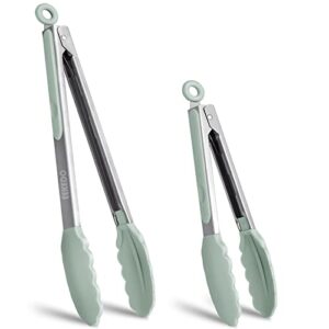 eekedo kitchen tongs, stainless steel silicone tongs for cooking 600ºf high heat-resistant bbq grilling locking tongs, set of 2-9" and 12" light green