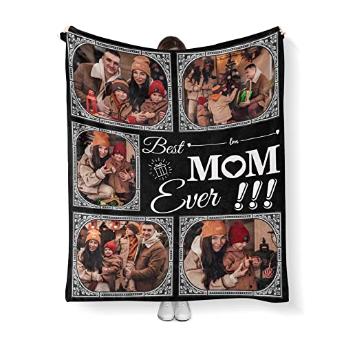 Best Mom Ever Custom Blanket, to My Mom Blanket from Daughter, Customized Photo Collage Mother Blankets Wife Birthday Gifts, Personalized Flannel Blanket with Photo 4 Size