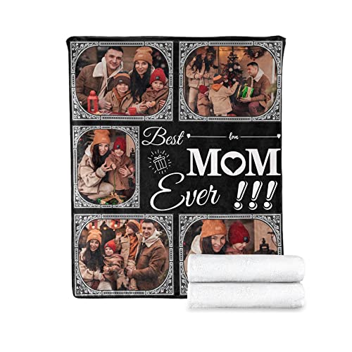 Best Mom Ever Custom Blanket, to My Mom Blanket from Daughter, Customized Photo Collage Mother Blankets Wife Birthday Gifts, Personalized Flannel Blanket with Photo 4 Size