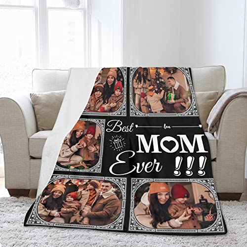 Best Mom Ever Custom Blanket, to My Mom Blanket from Daughter, Customized Photo Collage Mother Blankets Wife Birthday Gifts, Personalized Flannel Blanket with Photo 4 Size