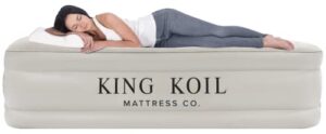 king koil luxury queen size air mattress with built-in pump, plush top, home camping guests inflatable airbed, double high blow up mattress, 1-year manufacturer direct warranty