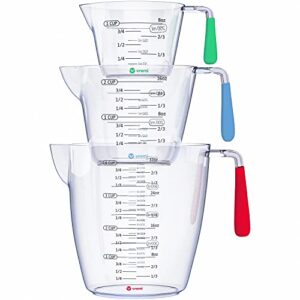 vremi 3 piece plastic measuring cups set - bpa free liquid nesting stackable measuring cups with spout and decorative red blue and green handles - includes 1, 2 and 4 cup with ml and oz measurement