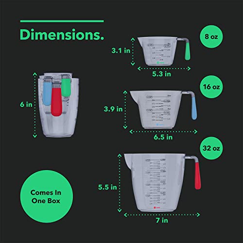 Vremi 3 Piece Plastic Measuring Cups Set - BPA Free Liquid Nesting Stackable Measuring Cups with Spout and Decorative Red Blue and Green Handles - includes 1, 2 and 4 Cup with Ml and Oz Measurement