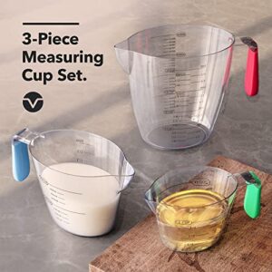 Vremi 3 Piece Plastic Measuring Cups Set - BPA Free Liquid Nesting Stackable Measuring Cups with Spout and Decorative Red Blue and Green Handles - includes 1, 2 and 4 Cup with Ml and Oz Measurement