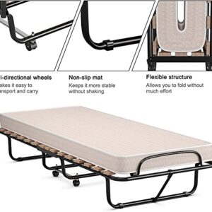 Renatone Folding Bed with Mattress, Portable Guest w/ 4 inch Memory Foam Sturdy Metal Frame, Rollaway Cot Size for Adults, Sleeper Bedroom, Living Room, Office, Camping Clear Small Single