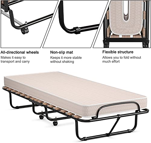 Renatone Folding Bed with Mattress, Portable Guest w/ 4 inch Memory Foam Sturdy Metal Frame, Rollaway Cot Size for Adults, Sleeper Bedroom, Living Room, Office, Camping Clear Small Single