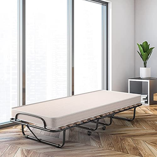 Renatone Folding Bed with Mattress, Portable Guest w/ 4 inch Memory Foam Sturdy Metal Frame, Rollaway Cot Size for Adults, Sleeper Bedroom, Living Room, Office, Camping Clear Small Single