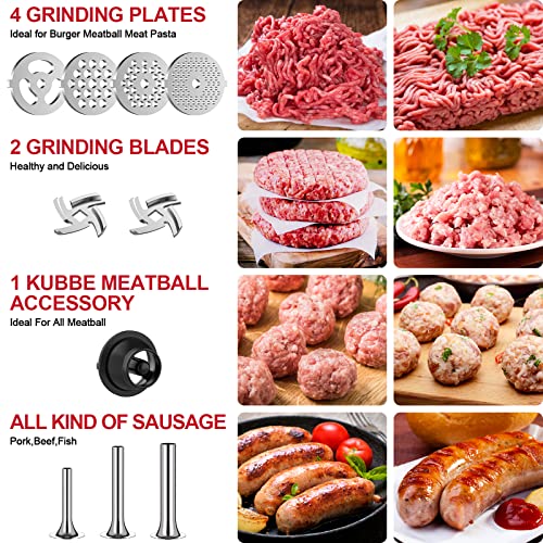 Metal Food Grinder Attachment for KitchenAid Stand Mixers, Kitchen aid Meat Grinder Included 3 Sausage Stuffer Tubes, 4 Grinding Plates, 2 Grinding Blades, Kubbe Meat Processor Accessories