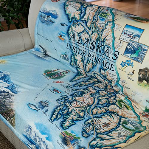 Alaska Inside Passage Map Fleece Blanket - - Hand-Drawn Original Art - Soft, Cozy, and Warm Throw Blanket for Couch - Unique Gift - 58"x 50"