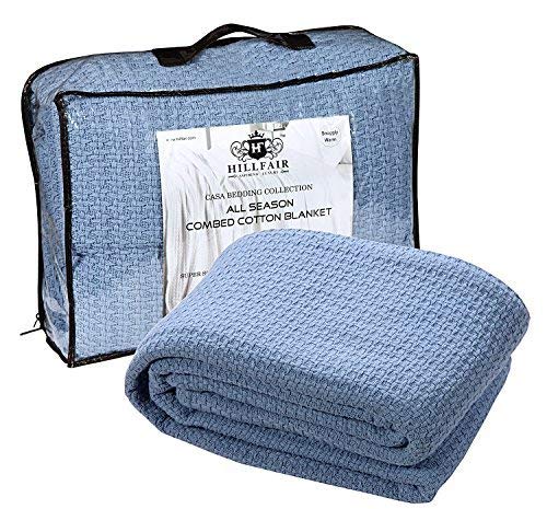 HILLFAIR 100% Cotton Throw Blankets- 50 x 60 inch- Skin Friendly, Soft, Lightweight and Breathable Throw Blanket Luxury Cotton Throws for Bed, Couch and Sofa, All Season Cotton Throw Blankets- Blue