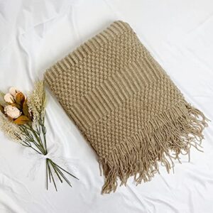 txdyb 1 pcs 50"x60" khaki minimalism design soft warm knitted throw blanket with tassels for women, men and kids. suitable for travel camping officeroom hotel,decoration for bed, sofa and room
