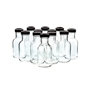set of 8oz glass bottles with black plastic caps | reusable stout flint glass bottles with lids for juicing, kombucha, liquids | made in usa | 8 oz glass bottles (total of 12)